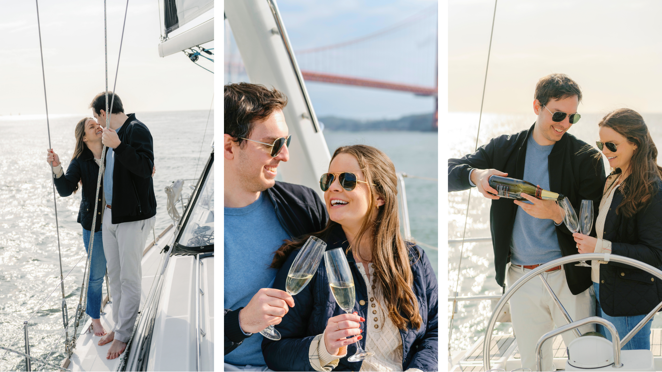 A couple celebrates their Proposal on a Sailboat in the San Francisco Bay by Amanda Callaway Photography