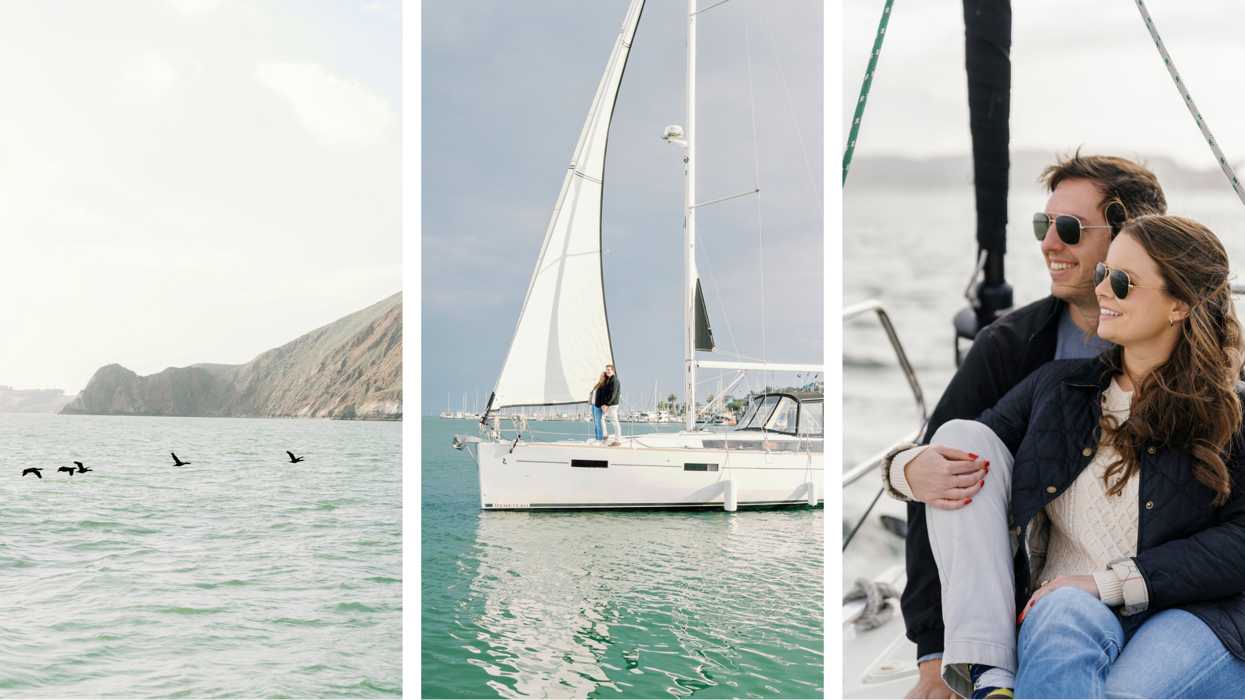 A couple celebrates their Proposal on a Modern Sailing Yacht in the San Francisco Bay by Amanda Callaway Photography