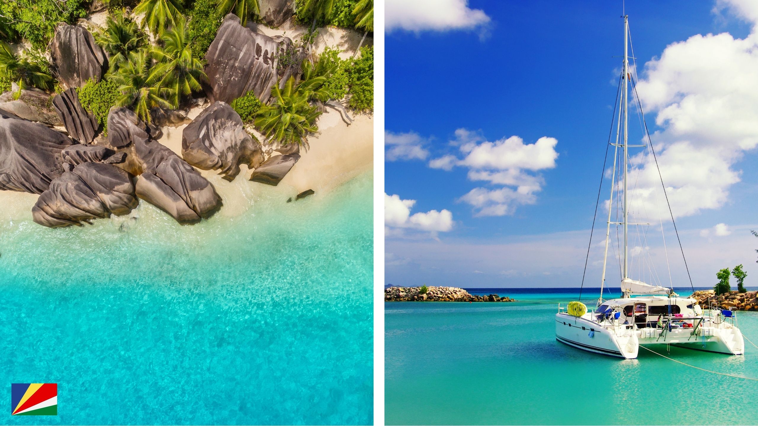 Seychelles Islands overhead view and catamaran